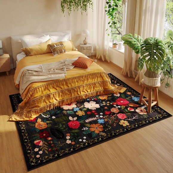 New 5x7 Black Area Rug, Washable Vintage Floral Non-Slip Carpet for Any Room - Picture 7 of 9